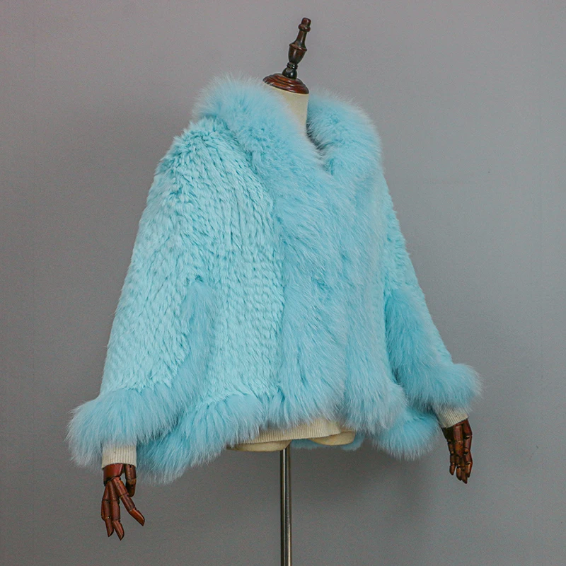 New Extra Long Real Genuine Natural Knitted Rabbit Fur Shawl Coat with Fox Fur Collar Women's Fashion Knit Jacket Cape