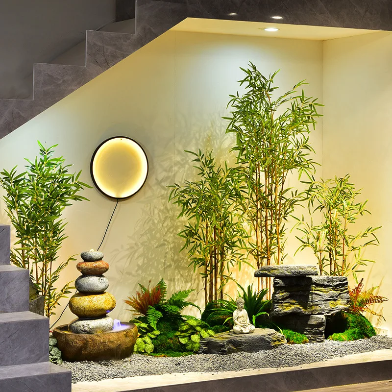 Indoor flowing water ornaments, circulating water landscape, rockery landscaping under the stairs, simulated bamboo potted plant