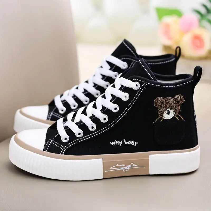 Women Flat Pocket Little Bear High Top Women Instagram Canvas Versatile Board Shoes 2023 New Women Shoes