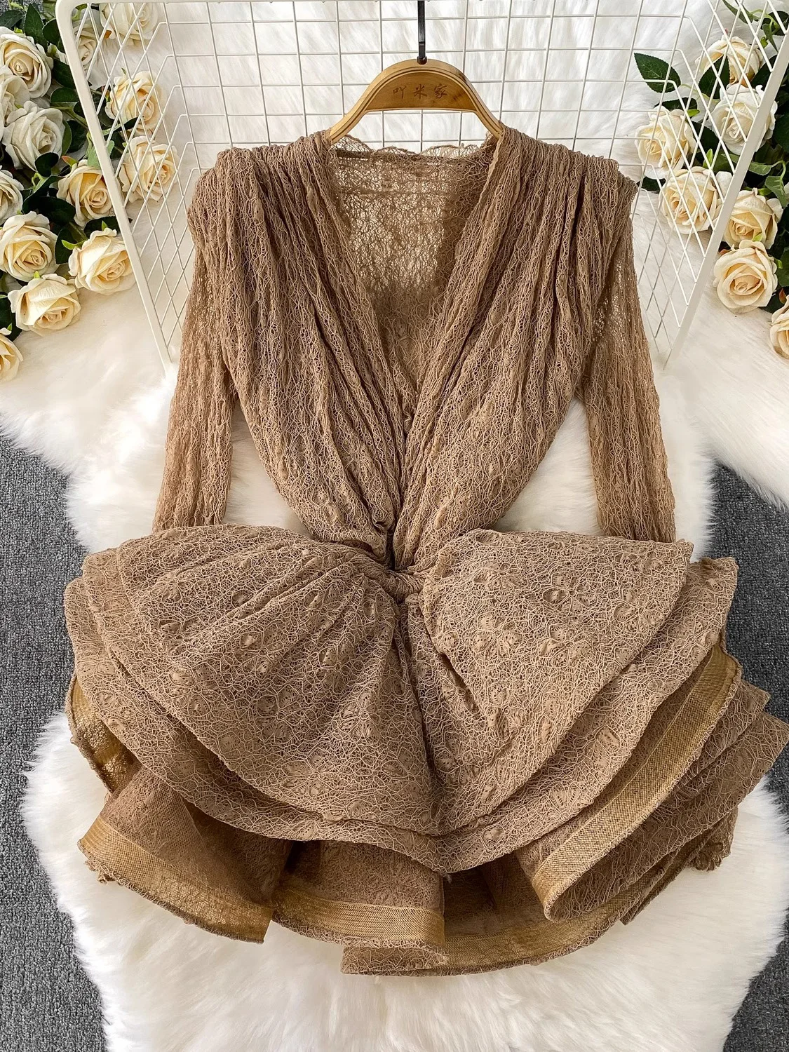 

Autumn Brown/Black/White Mini Dress Sexy See-Through Ruffle Hem Vestidos Elegant Two Piece Dress Suit Long Sleeve Blouse + Dress