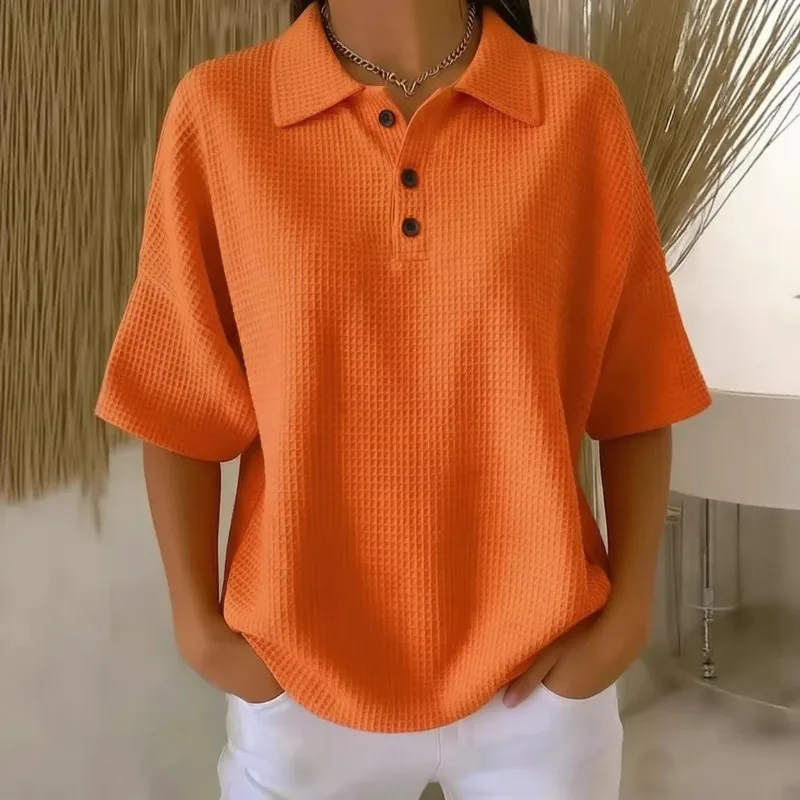 Spring Buttoned Waffle Pattern Solid Color Crew Neck Shirt for Women Loose and Breathable Top with Textured Half-Placket Long