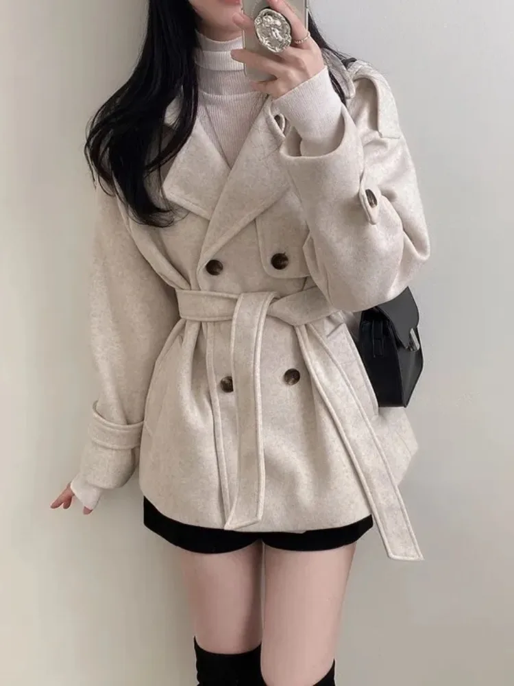 

Chic Briti Retro Tweed Coat Women's Double Breasted Belted Windbreaker Outerwear Long Sve Regular Fit Autumn Winter Coat