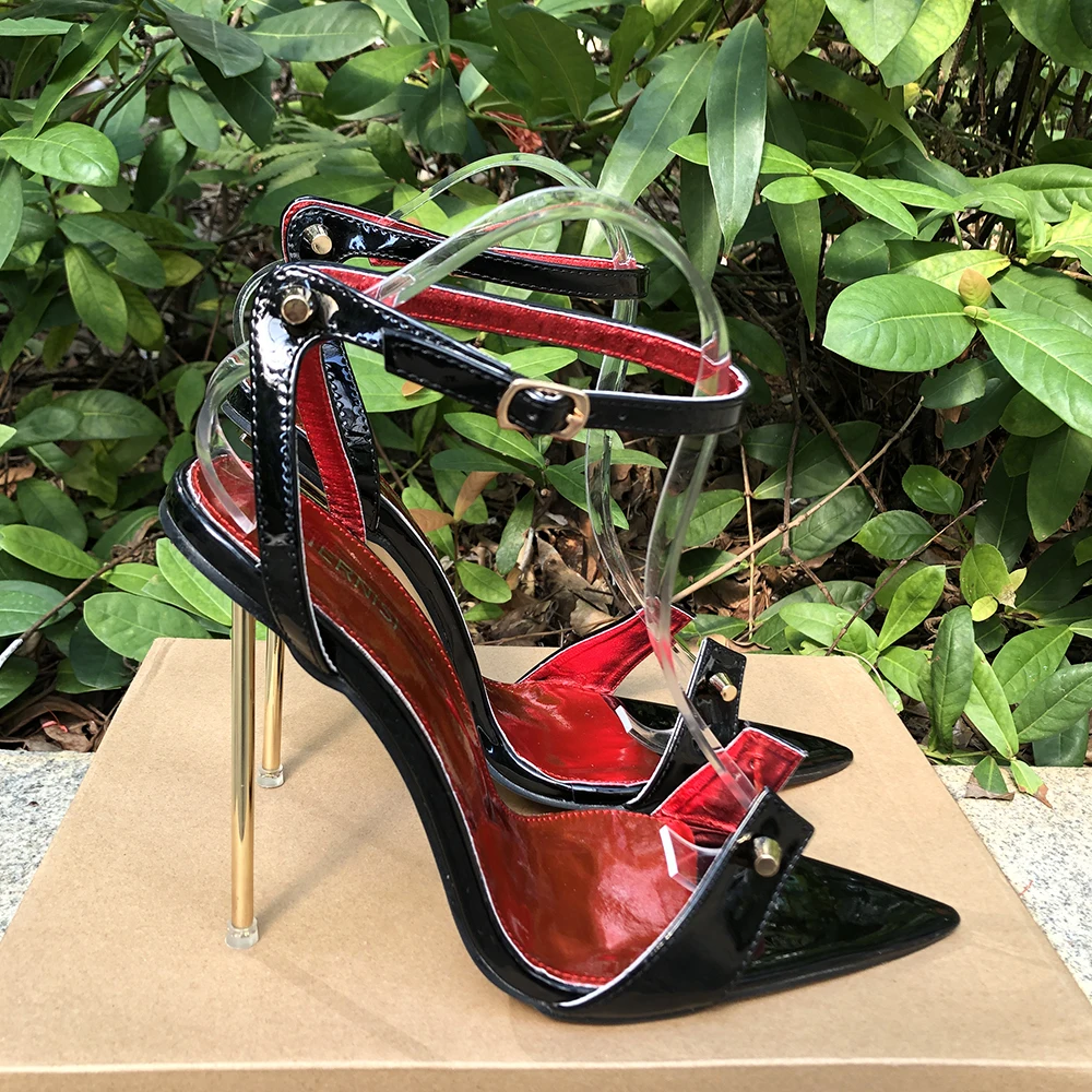 Elegant Women 12cm Metal High Heels Sexy Black Sandals Stilettos Pointy Toe Metal Heels Model Chic Drag Queen SM Man Unisex Shoe