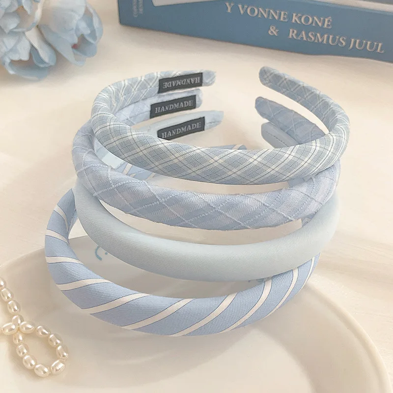 

1PCS/4PCS Fresh blue plaid sponge thickened headband High Cranial Top Headband