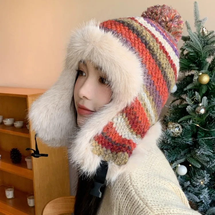 New Fleece-Lined Thickened Warmness Pilot Earflap Hat for Women Autumn/Winter Striped Knit Colour-Block Ski Beanie with Pom-Pom