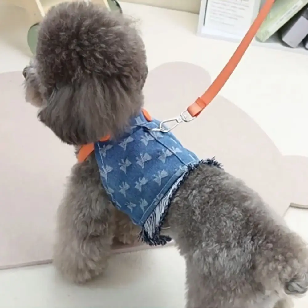 Pet Bow Harness Butterfly Print Denim Dog Chest Back with Traction Rope Blue Dog Denim Harness Towable Dog Denim Tank Top Spring