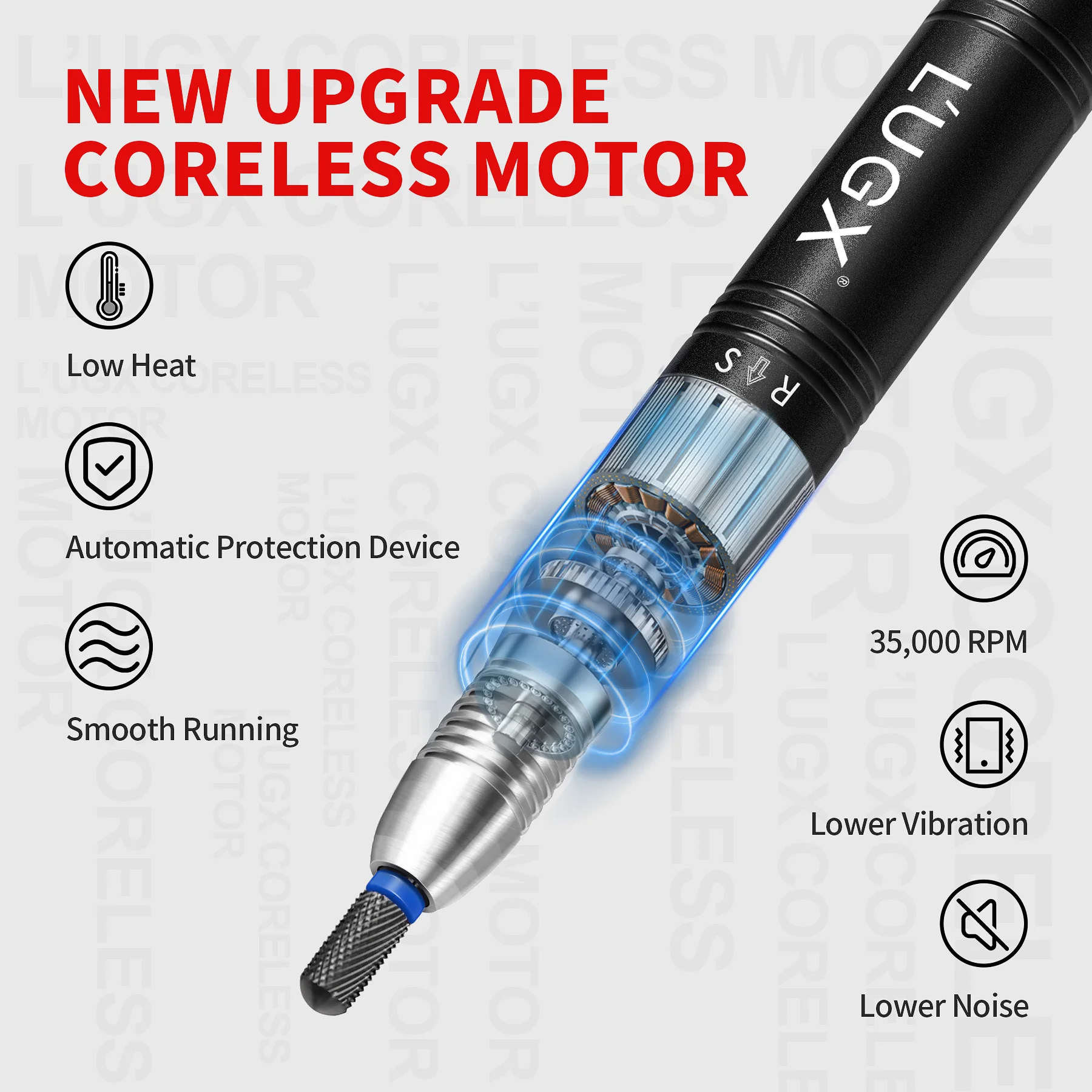 LUGX Professioneller Nagelbohrer, 35.000 U/min, Maniküre-Gel, Acryl, kabellos, wiederaufladbar, elektrisch, tragbar, Nagelbohrmaschine