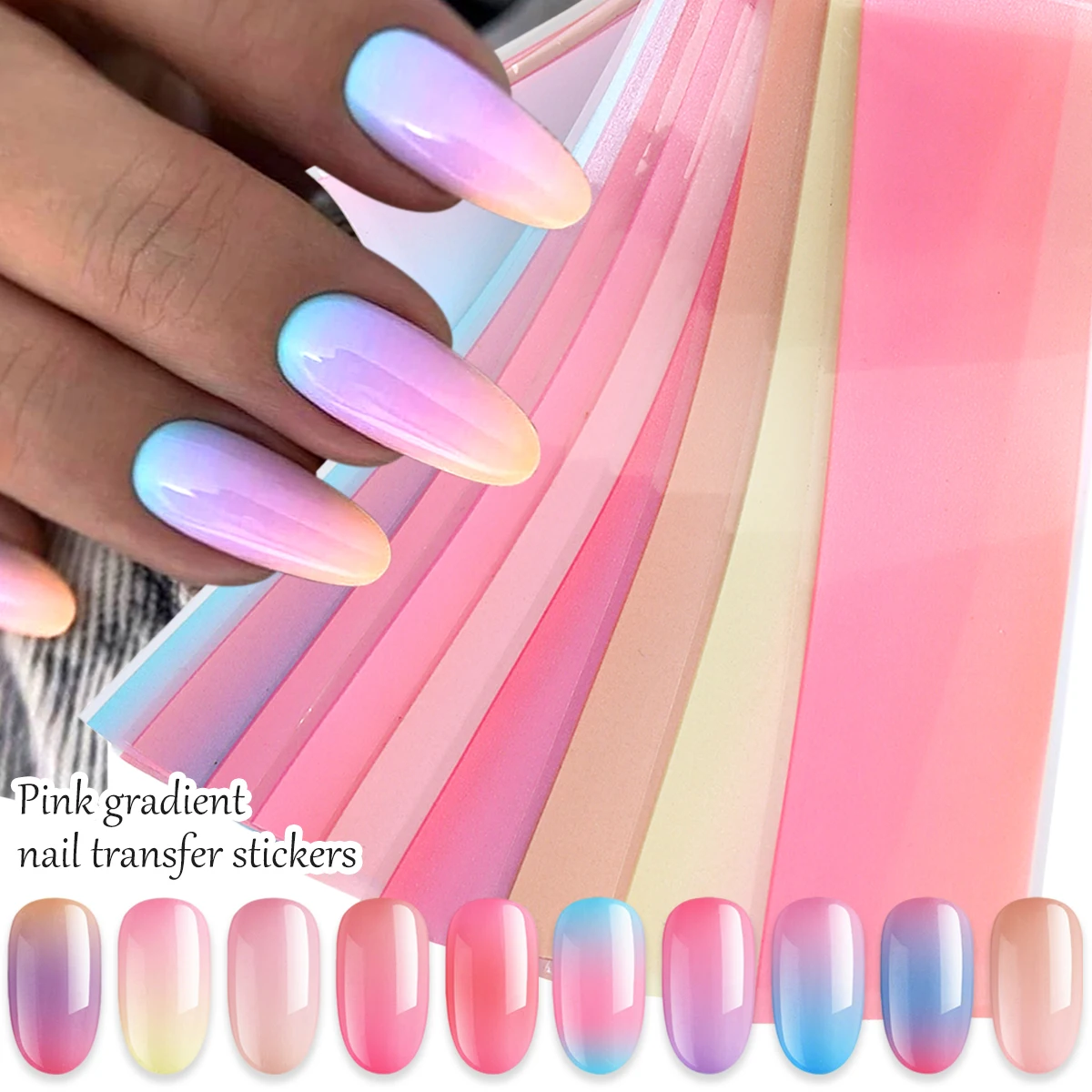 Rosa und Blaue Farbverlauf-Nageltransferaufkleber, Meerjungfrauen-Themen-Nagelaufkleber mit Ozean-Motiv, Dekorative Nagelaufkleber.
