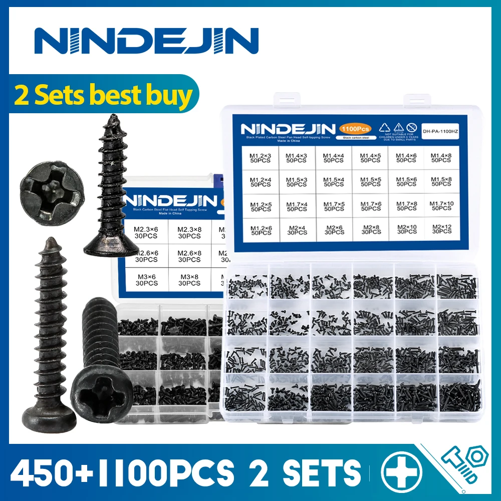 

NINDEJIN 450pcs Black Mini Screws Set M2.3 M2.6 M3 Carbon Steel 1100pcs M1.2-M2 Small Screw Kit for Computer Phone Glasses