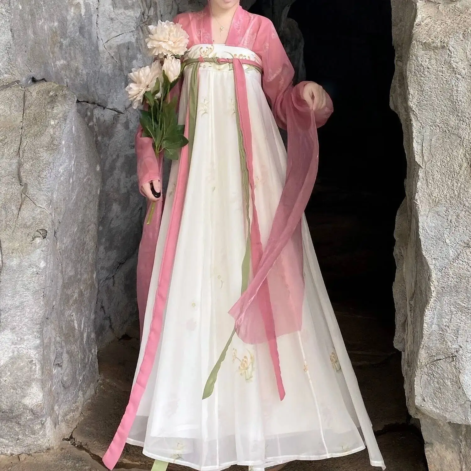 الأصلي Hanfu المرأة الصينية سلالة تانغ ازياء القديمة Hanfu التقليدية رقيقة فستان مُزين بطباعة الجنية لفصل الربيع والصيف