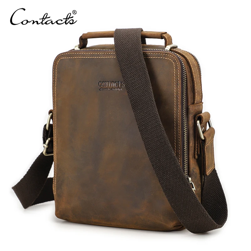 

CONTACT'S Genuine Leather Men Sling Shoulder Bags Crazy Horse Leather Messenger Crossbody Bag Tote Travel Bag for 8.3" iPad Mini