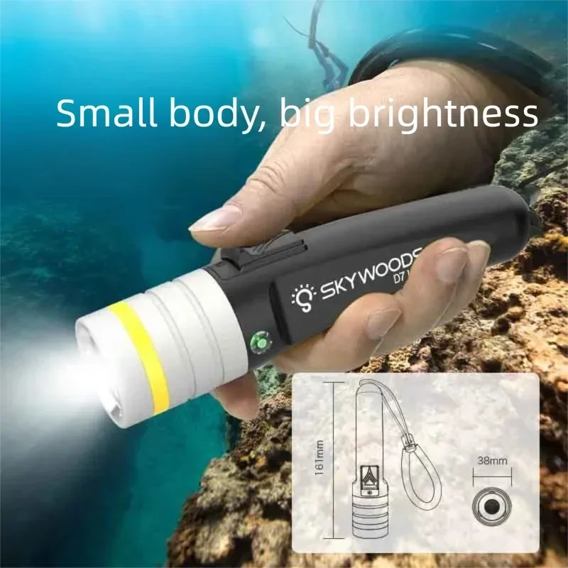 Skywoods Professional Diving Flashlight D7Lite Dual-Use for Water and Land, Magnetic Charging, 2000 Lumens, Small Banana-Shaped