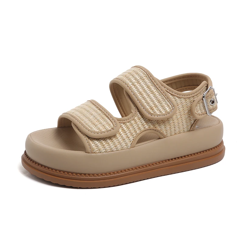 

Сандалии на платформе, женские решетчатые сандалии с круглым носком, клетчатая ткань, летняя повседневная женская уличная обувь ручной работы