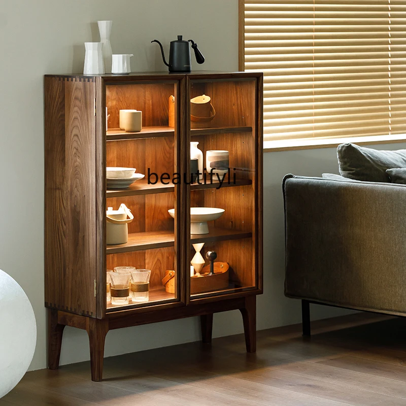 

Black walnut dining side cabinet tea set storage cabinet glass display tea entrance cabinet all solid wood