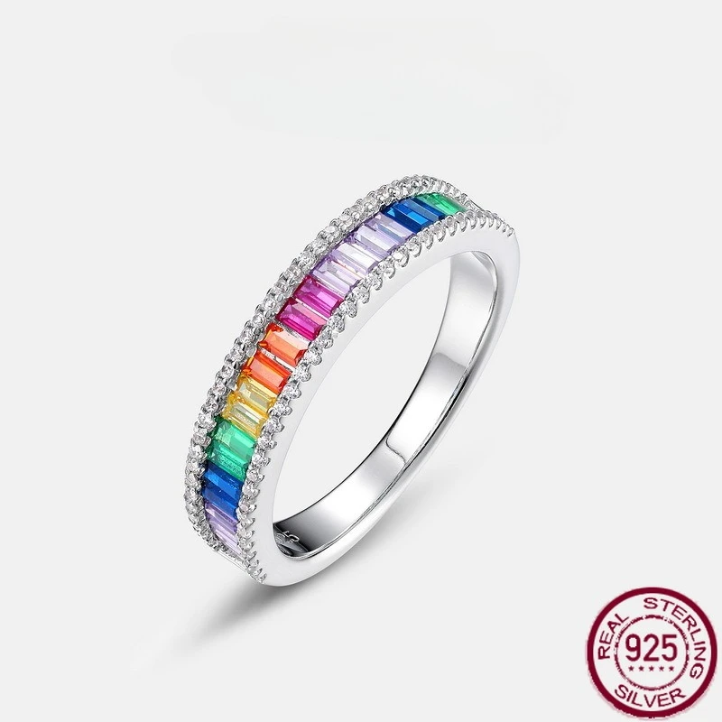 

Новое серебро S925, модное кольцо с радужным цирконом, полный комплект, красочное кольцо с сокровищами, европейские и американские универсальные свадебные украшения