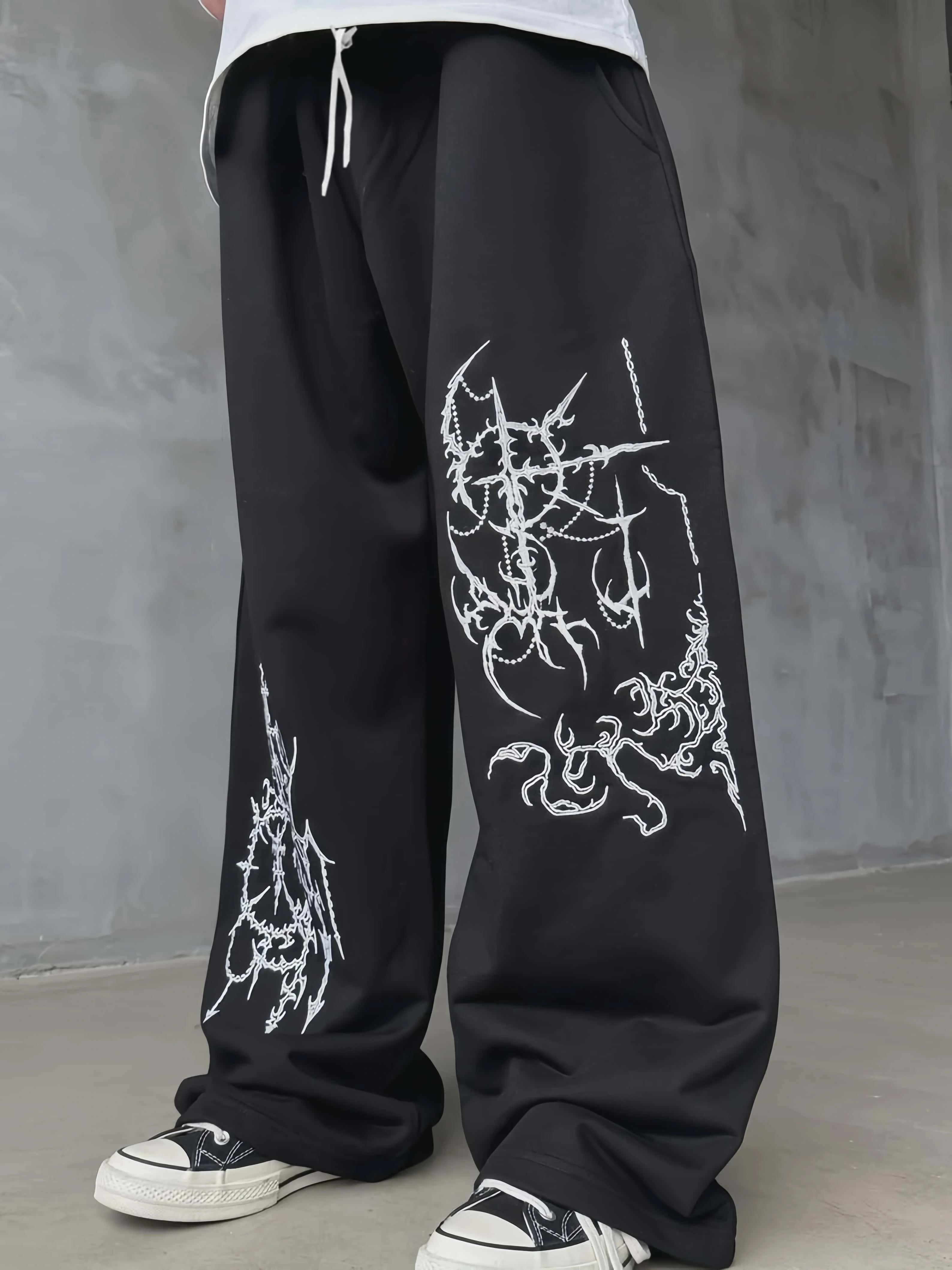 Unisex Quick Dry Straight Long Pants Hip Hop Streetwear Trousers, Gothic Thorn Cross Print Elastic Waist Drawstring Sweatpants