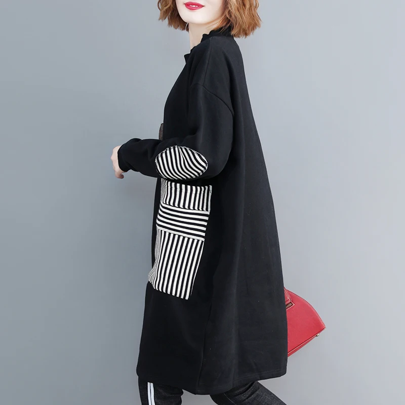 plus Size Hoodie Slimming Medium Length Patchwork Thiened Fce Women's Artistic Spring Faion Striped Splice Trendy Swea...