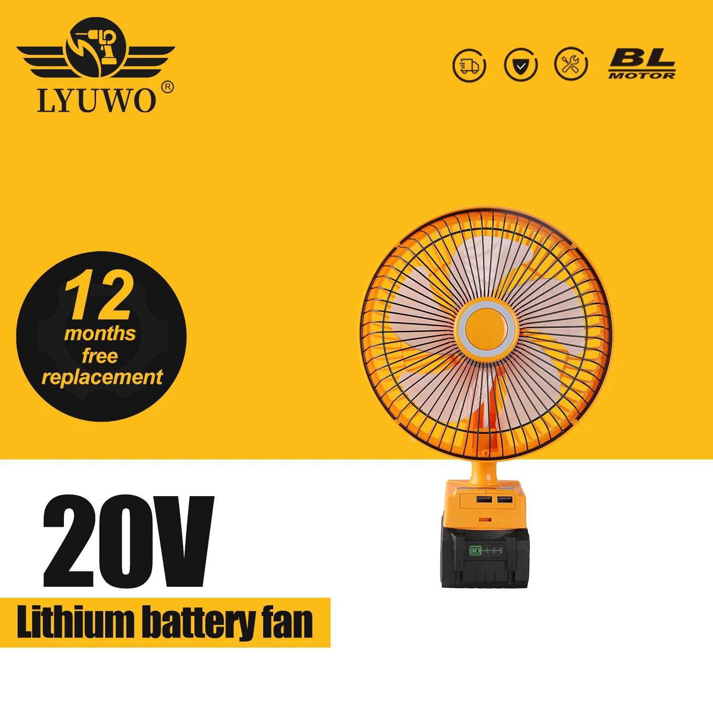 

LYUWO 8-inch Lithium Battery Mini Silent Electric Fan Outdoor Camping Vehicle Tool With 3-speed Adjustable USB Phone Power Bank
