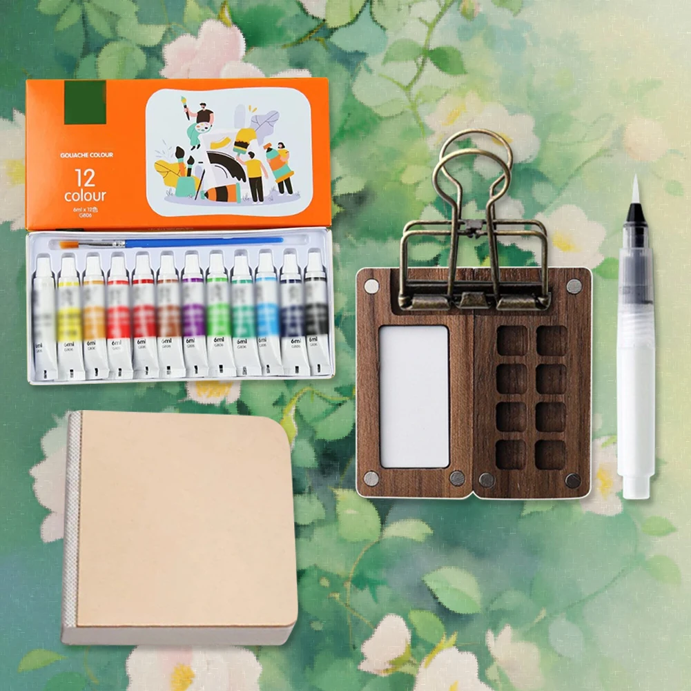 Travel Paint Palette Pocket Artist Watercolor Set with Clip Portable Watercolor Set Wooden Grid Paint Box Gift for Kids