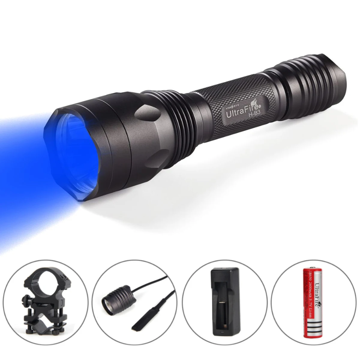 UltraFire H-B3 Blue LED Hunting Flashlight 283 Lumens High Powerful 256 Yards Tactical Lantern Military Standard Torch Light