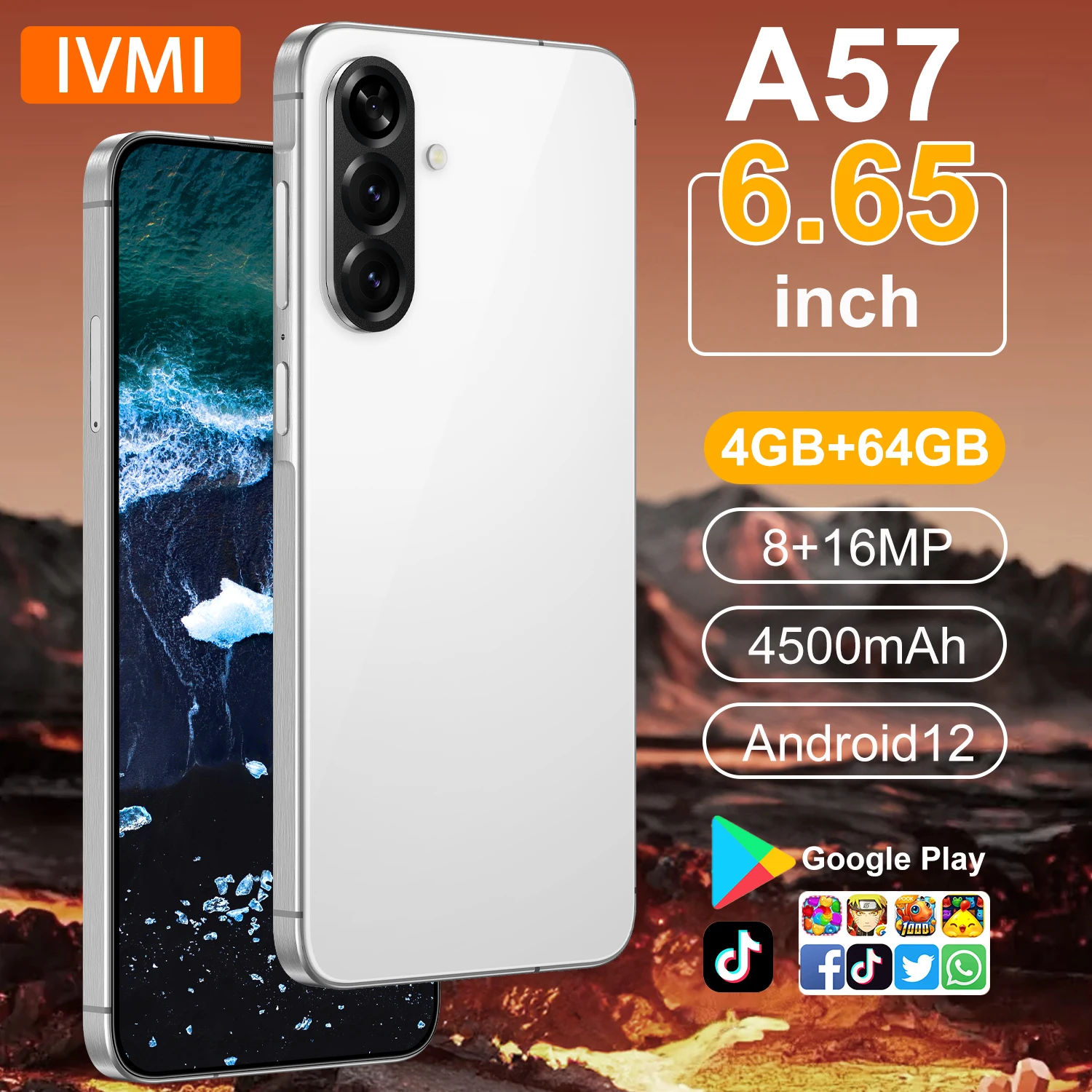 IVMI New A57 Global Version Smartphone 4G Dual Card Android 12 4GB RAM 64GB ROM 16MP Face ID Unlocked Cell Mobile Phones
