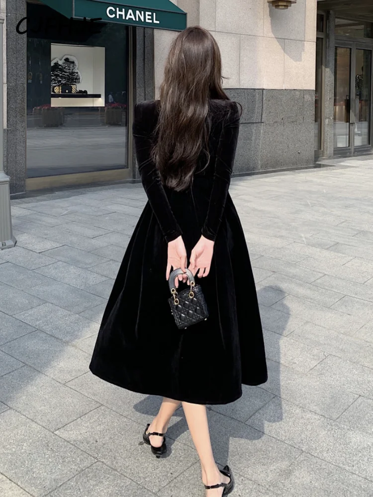 CJFHJE-Robe Mi-Longue en Velours Noir pour Femme, Tenue de Soirée, Vintage, Élégante, Française, Coréenne, une Pièce, Nouvelle Collection Automne Hiver