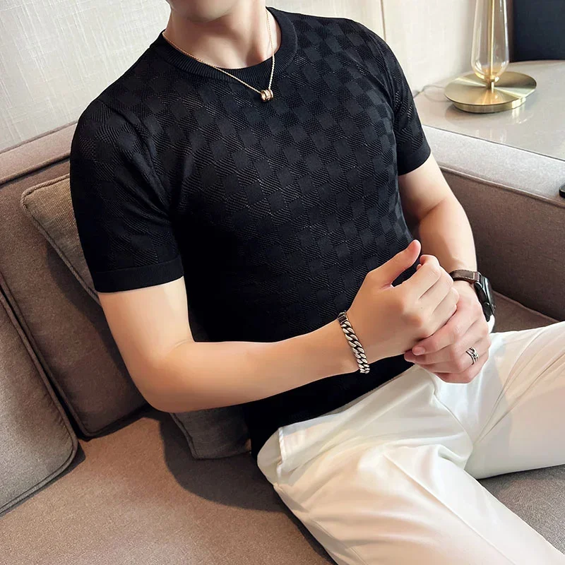 Men\'s Short Sleeve T-shirt 2023 Summer Thin High Elastic Slim Fit Knit Tee Shirts Tops O Neck  Solid Casual Fashion Men Clothing