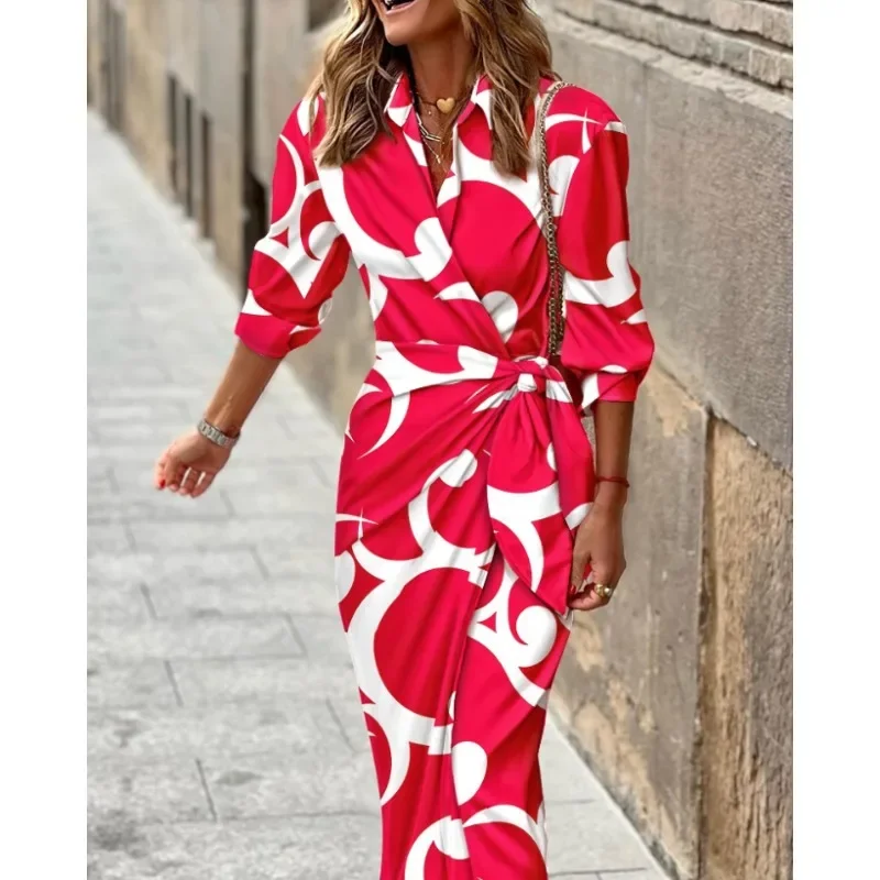 Neue Damenmode mit langen Ärmeln, bedrucktem Hemdkragen, Schnürung, mittellanges Kleid, sexy V-Ausschnitt, Schlitz, gestreift, knöchellanges Kleid