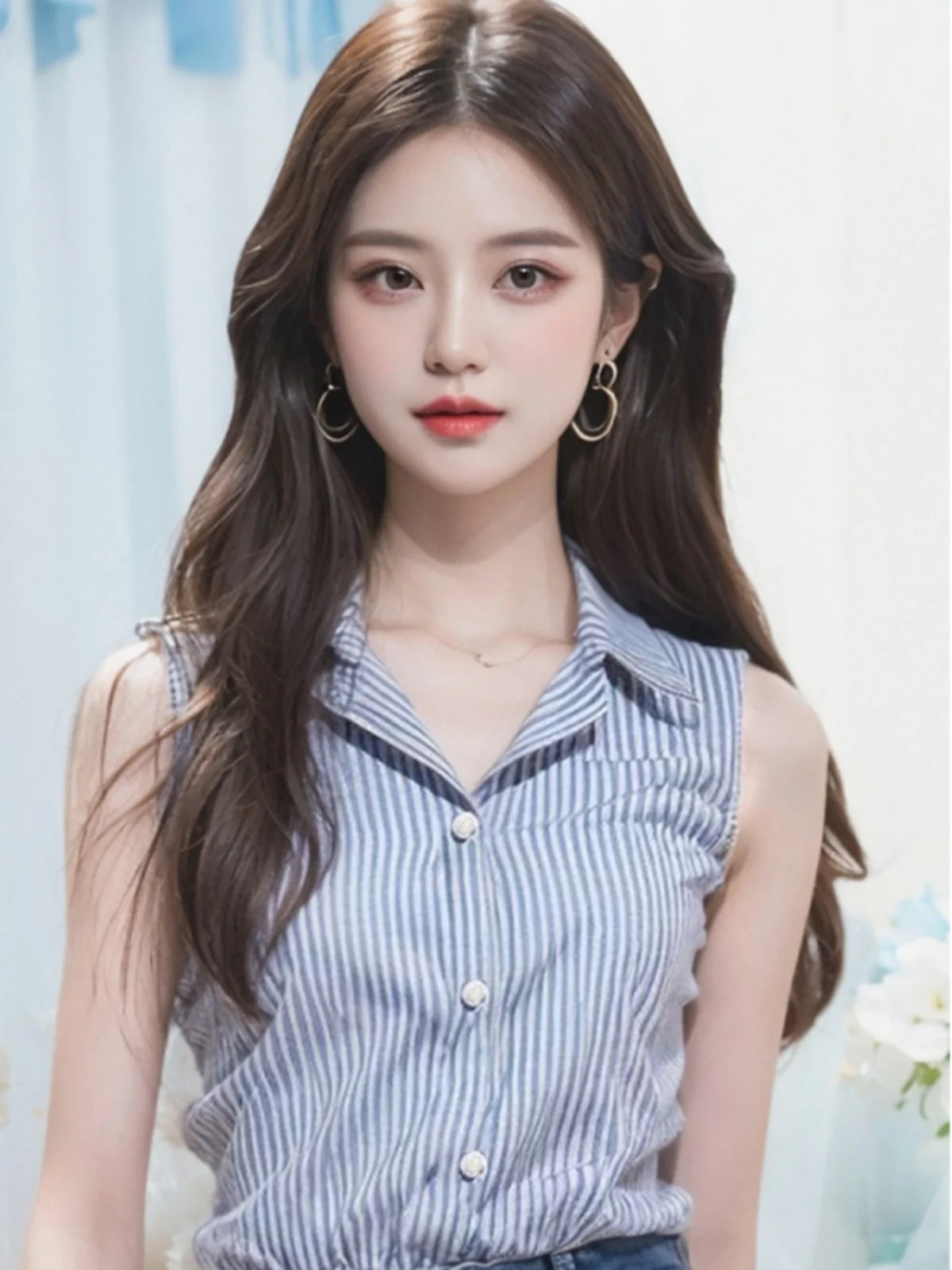 

Sli Summer Blue Svel Collar irt Women's Faion Versatile Beautiful irt Korean Sle Loose Fit Striped Pat...