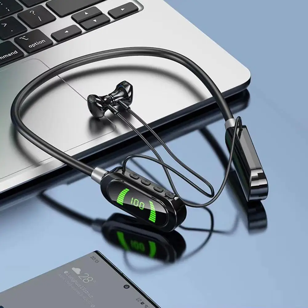 Super Power Bluetooth 5.4 Earphones LED HiFi Sound Earbuds Magnetic Wireless Headphones Sports Waterproof Neck-hanging Headsets