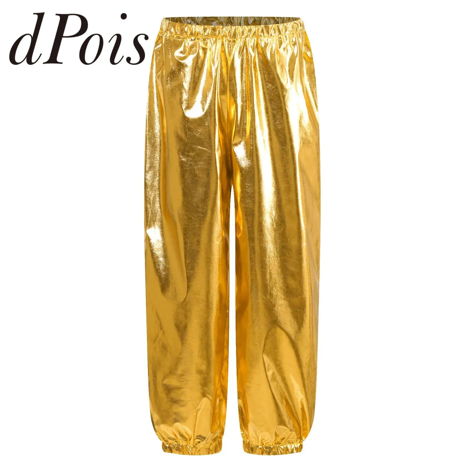 

Kids Boys Girls Metallic Harem Pants Jazz Dance Costumes Elastic Waistband Shiny Trousers for Modern Hip Hop Street Dancewear