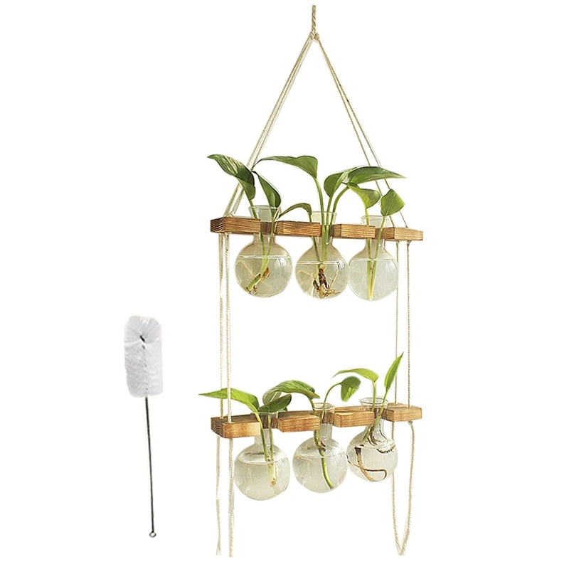 Propagation Plant Stations With Terrarium, Wooden Stand And Retro Wall Hanging Tassel Lanyard For Hydroponic Plants