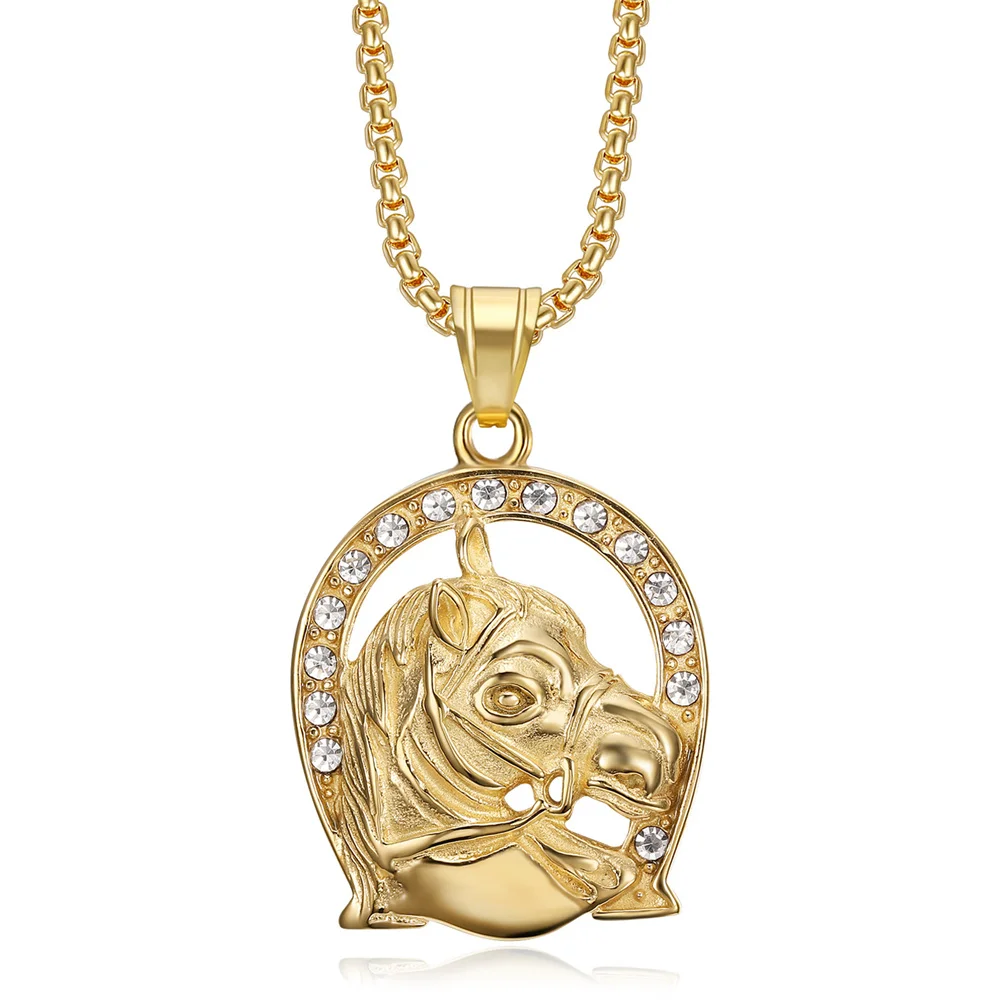 Punk Iced Out Bling Horse Head Pendant Gold Color Stainless Steel Horseshoe Necklace For Women Men  Jockey Club Jewelry Gift view 6