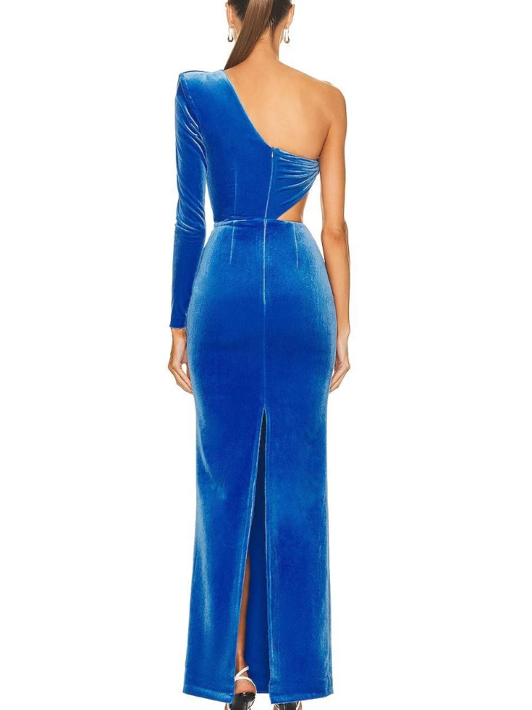 エレガントなワンショルダー長袖ベルベットマキシドレスセクシーなブルーウエストカットアウトシャーリングスプリットボディコンドレスイブニングクラブパーティードレス