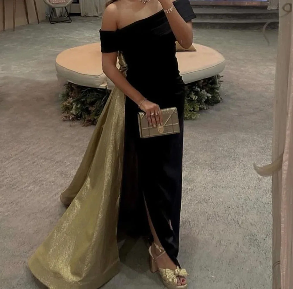 

Msikoods Elegant Black Satin Prom Dress With Gold Shiny Train Arabic Formal Party Gown Evening Dress vestidos para mujer