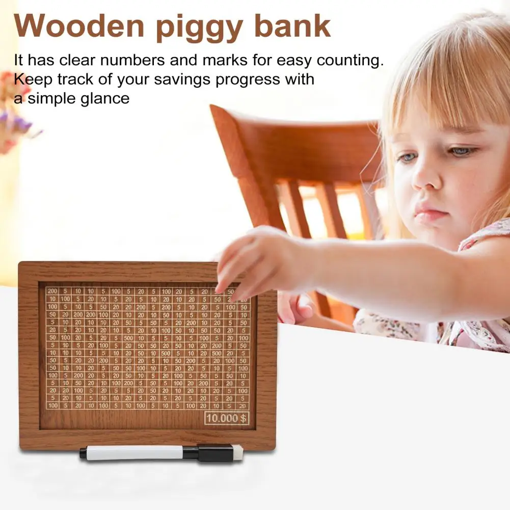 Cash Savings Box Money Saving Box Vintage Wooden Money Box with Counter Marker Pen Target Numbers Piggy Bank for Coins Cash