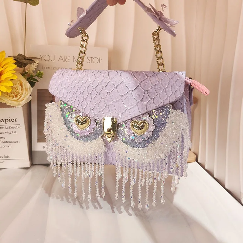 

New Owl Mask Bag Heavy Drilling Colorful Tassel Handbag Small Square Bag This year's popular models of fashion women's bags