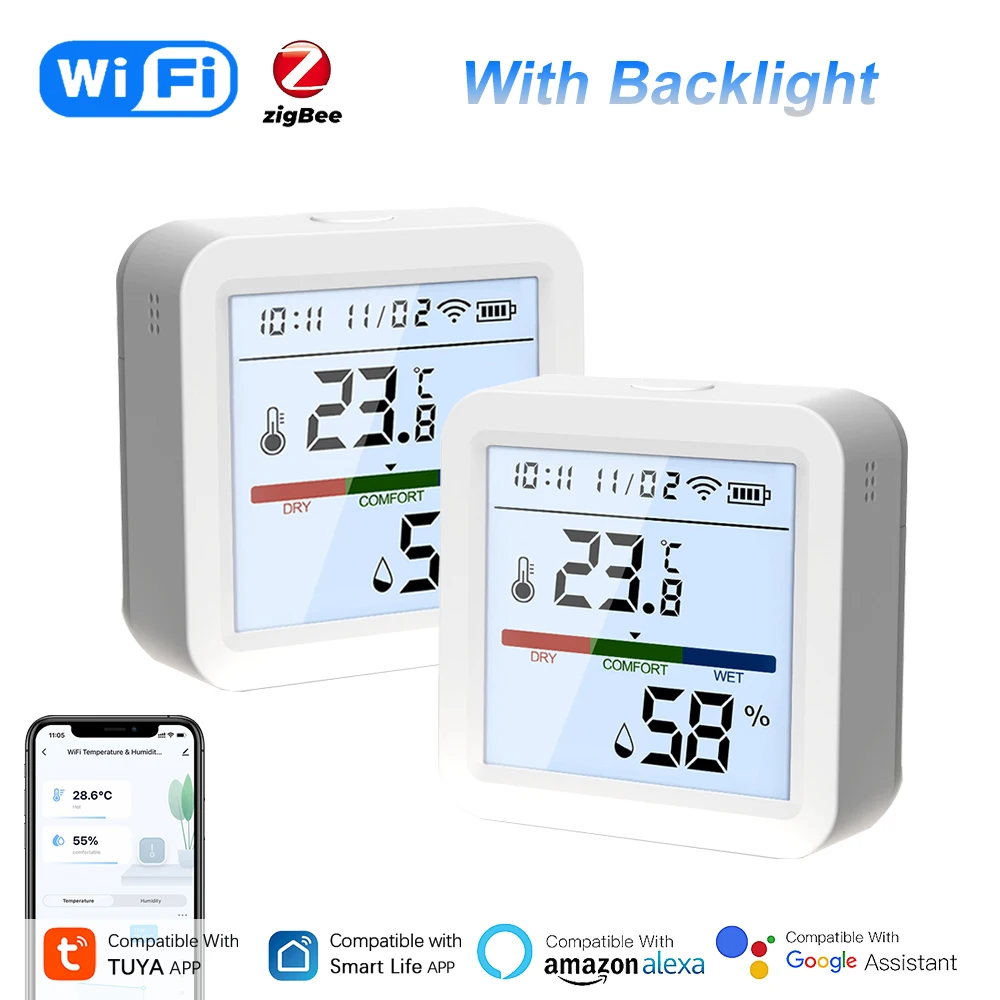 Tuya Slimme Temperatuur-En Vochtigheidssensor Wifi/Zigbee Met Achtergrondverlichting Indoor Hygrometer Stembesturing Via Alexa Google Home