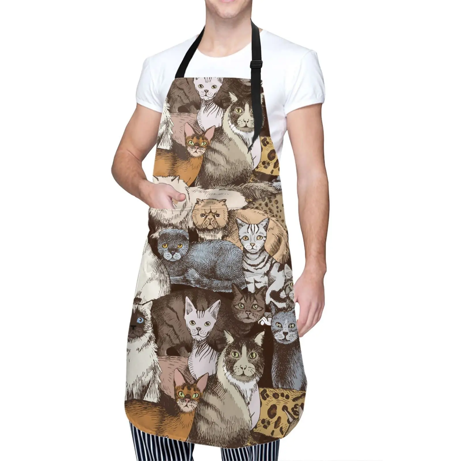 Purebred Cats Apron Adjustable Bib Aprons With 2 Pockets For Men Women Chef Waterproof Decorative For Kitchen Cooking