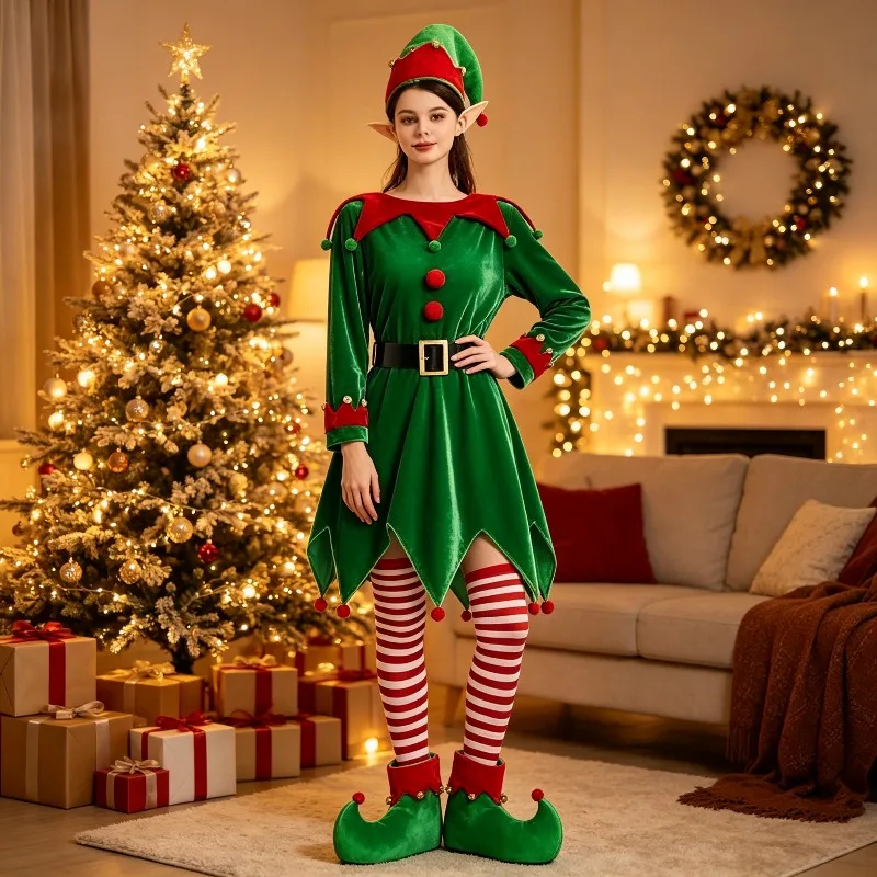Disfraz de Elfo Verde Navideño para Cosplay, Accesorios para Fiesta Temática, Conjunto para Damas, Disfraz de Elfo Navideño para Actuación en Escenario para Mujeres Adultas