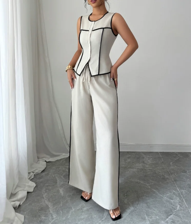 새로운 여성 우아한 버튼 조끼 & 와이드 레그 팬츠 세트, 여성 여름 패션 투피스 캐주얼 세트