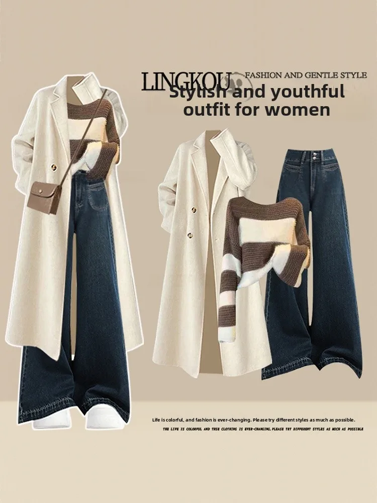 

Корейский комплект больших размеров, осенне-зимний комплект, женское длинное пальто, полосатый свитер, утягивающие джинсы, комплект футболок, повседневная одежда