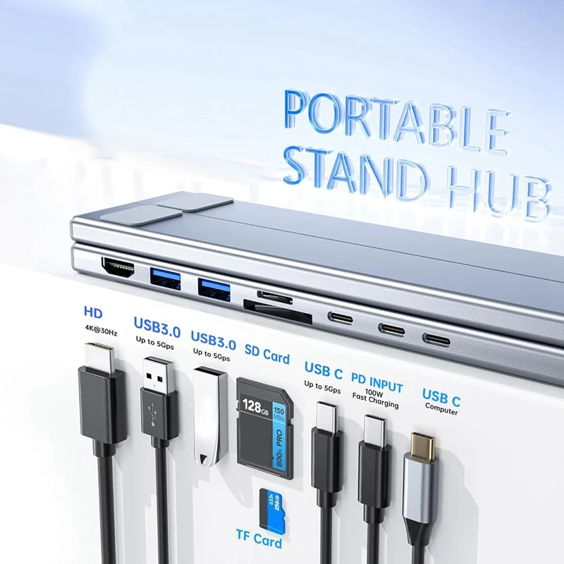 Eight In One USB C Laptop Docking Station Stand USB C Hub Adjustable 10-17In Laptop Stand Portable Design For PC,Tablet