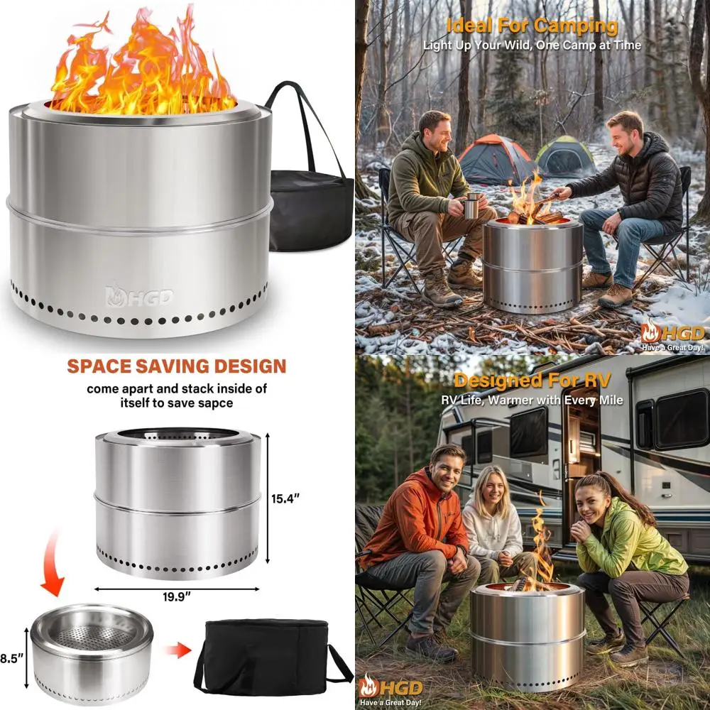 

20 inch Smokeless Firepit Outdoor, Portable Smokeless Fire Pit for Camping with Travel Bag, Stainless Steel Wood Burning Stove