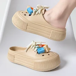 Women's Hole Shoes Fashion Platform Sandals Increase Baotou Sandal Summer Casual Lace-up Half Slipper Non-slip Beach Shoes