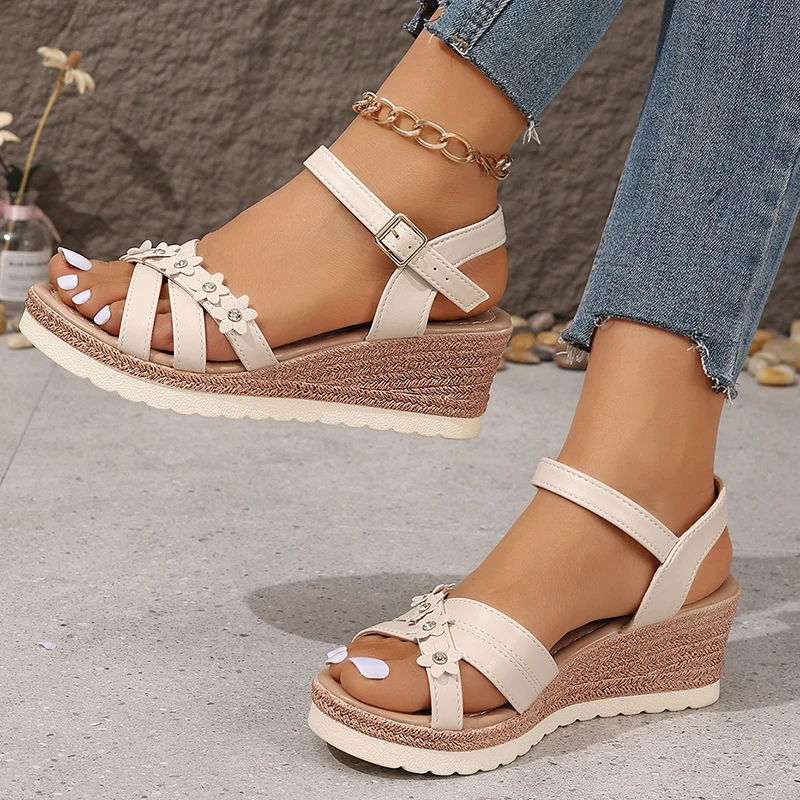 Women's Fashion Flowers Wedge Sandals Lightweight Ankle Strap Platform Sandals Women 2024 Summer Non Slip Beach Sandalias Mujer