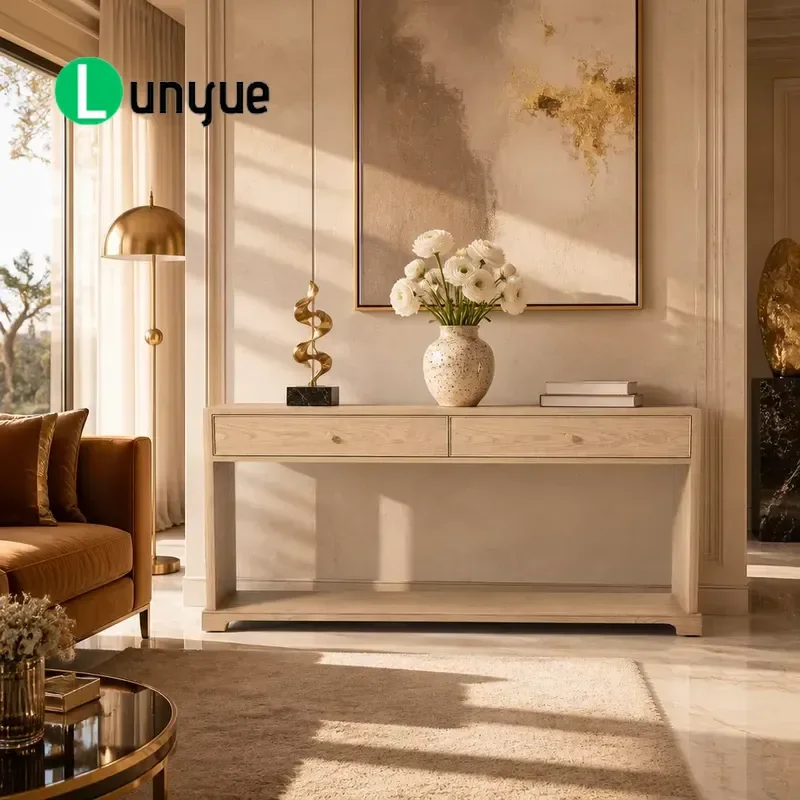Modern Luxury Solid Wood Entrance Table with Curved Bracket Feet and 2 Drawers Slow Lowering Slide Eco Friendly Durable for