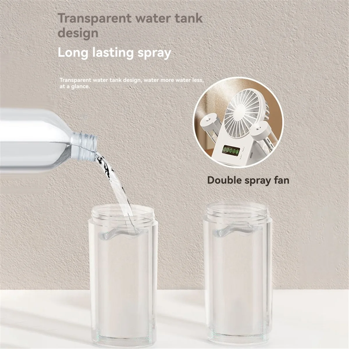 FZFZ デュアルスプレー デスクトップファン 加湿器 2-in-1 USB ポータブル デジタルディスプレイ 水補給スプレー ファン 1200mah ホワイト