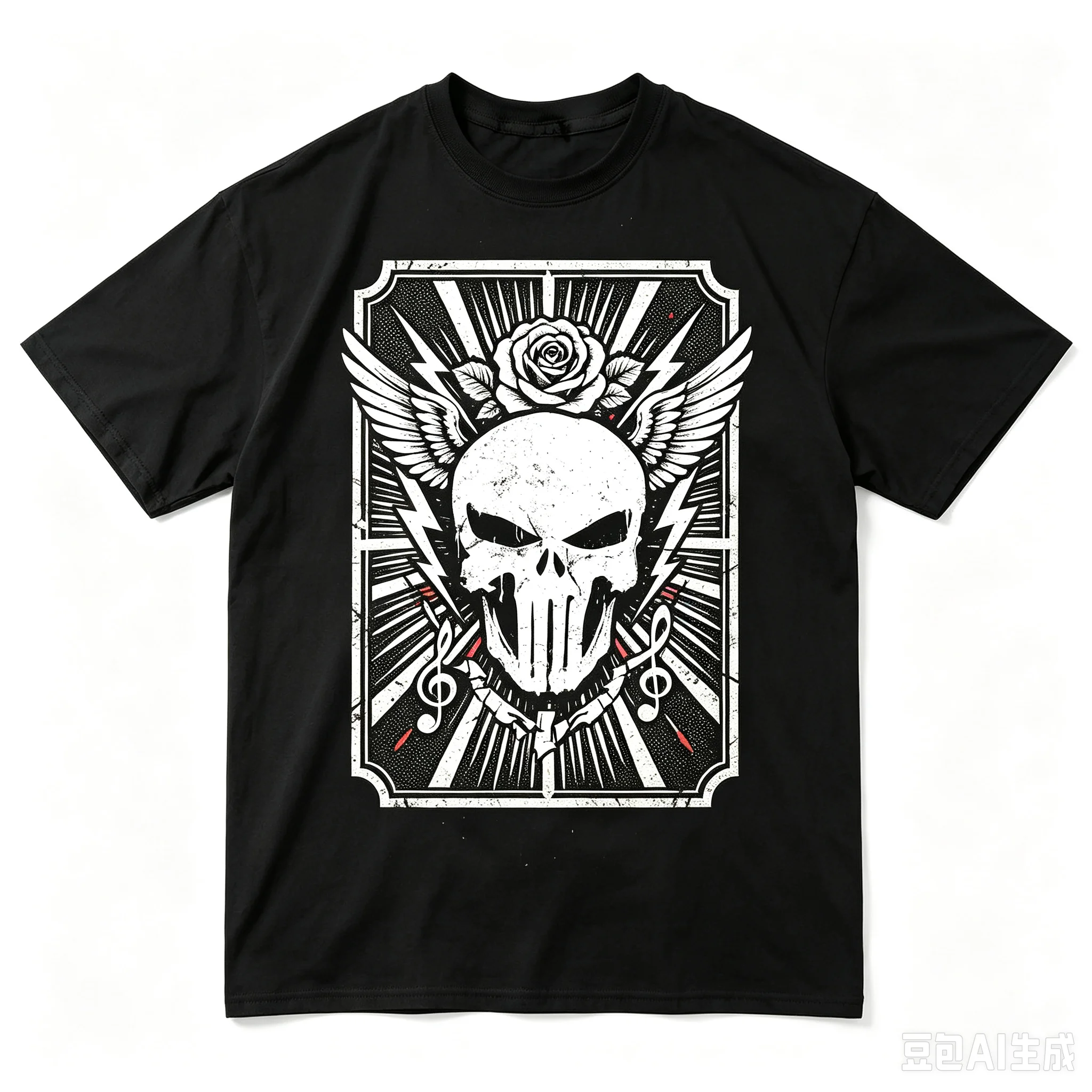 Men Skull Rose Wing Graphic T-Shirt Vintage Rock Music Note Lightning Print Crew Neck Casual Short Sleeve Tee