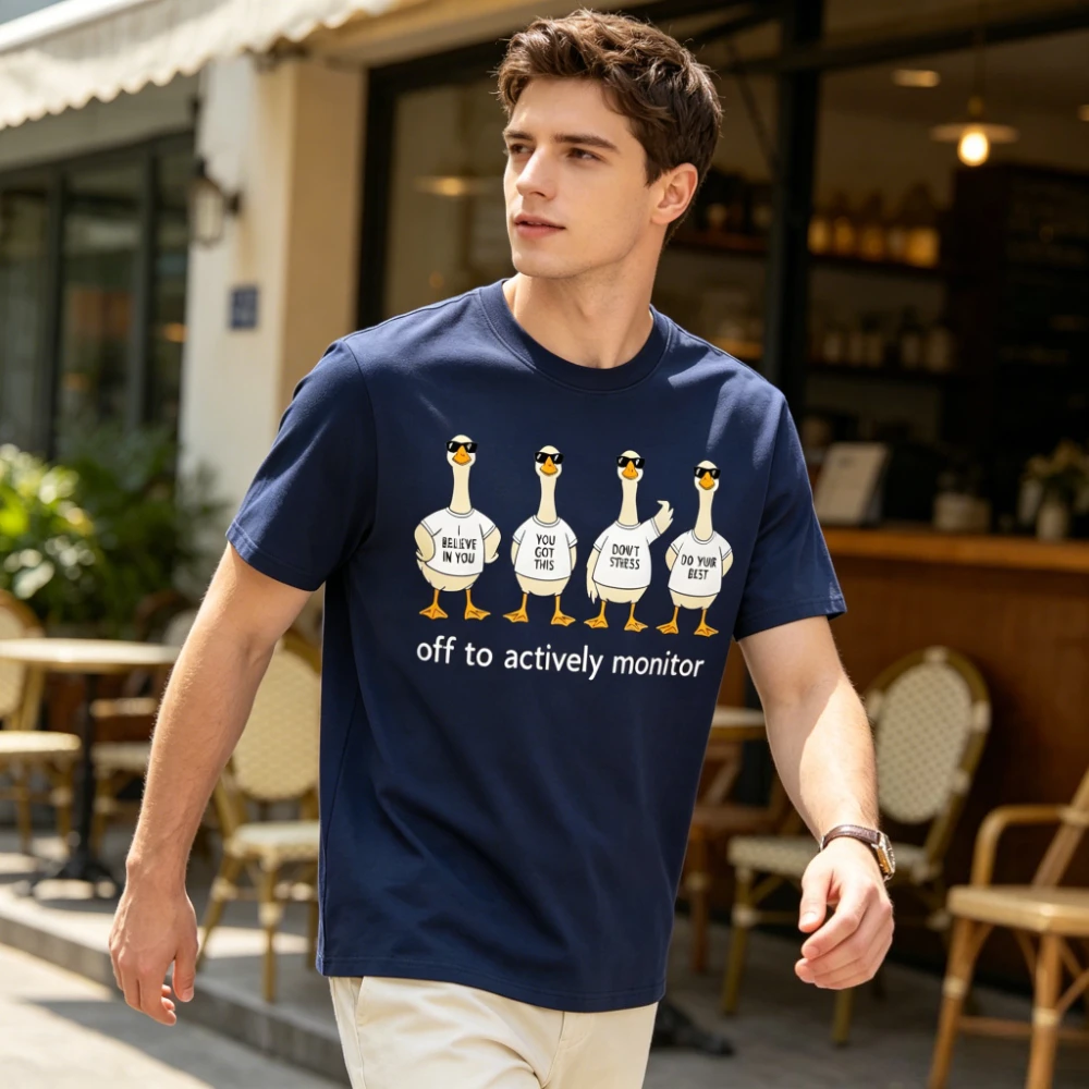 Funny Duck Meme T-Shirt Off To Actively Monitor Graphic Print Short Sleeve Cotton Tee Casual Crewneck Tops for Animal Lovers